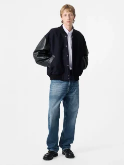 Fashion Studio Nicholson Alph Leather Bomber Jacket Darkest Navy