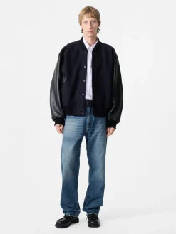 Fashion Studio Nicholson Alph Leather Bomber Jacket Darkest Navy